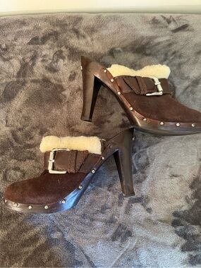Michael Kors Brown Suede Shearling-Trim Buckle Clog